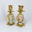 Pair of bronze hand candlesticks and porcelain statuette - Eighteenth century - SOLD