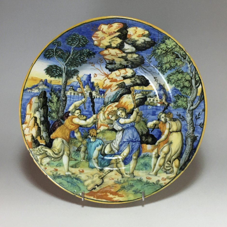 Urbino majolica dish "Orpheus and the Bacchae" School of Xanto - circa 1540