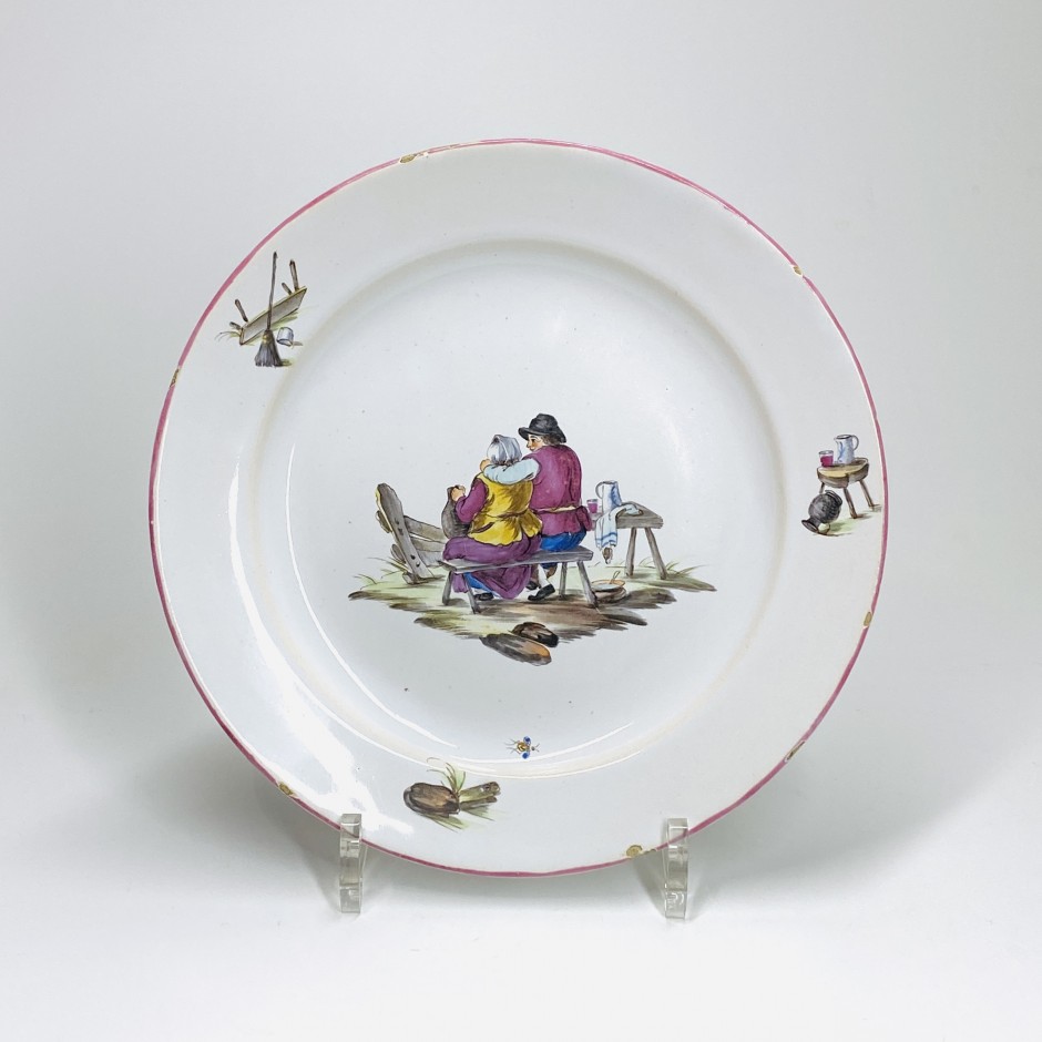 Earthenware plate from Sceaux decorated with a tavern scene - Eighteenth century